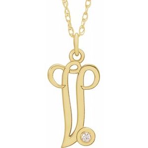 14K Yellow .02 CT Diamond Script Initial V 16-18" Necklace - Siddiqui Jewelers