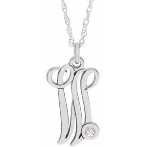 14K White .02 CT Diamond Script Initial W 16-18" Necklace - Siddiqui Jewelers