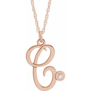 14K Rose Gold-Plated Sterling Silver .02 CT Diamond Script Initial C 16-18" Necklace - Siddiqui Jewelers