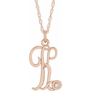 14K Rose Gold-Plated Sterling Silver .02 CT Diamond Script Initial K 16-18" Necklace - Siddiqui Jewelers