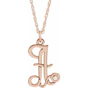 14K Rose Gold-Plated Sterling Silver .02 CT Diamond Script Initial A 16-18" Necklace - Siddiqui Jewelers