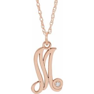 14K Rose Gold-Plated Sterling Silver .02 CT Diamond Script Initial M 16-18" Necklace - Siddiqui Jewelers