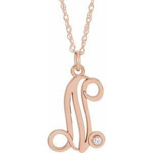 14K Rose Gold-Plated Sterling Silver .02 CT Diamond Script Initial N 16-18" Necklace - Siddiqui Jewelers
