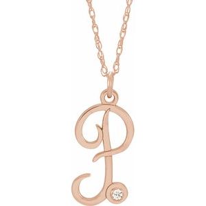 14K Rose Gold-Plated Sterling Silver .02 CT Diamond Script Initial P 16-18" Necklace - Siddiqui Jewelers