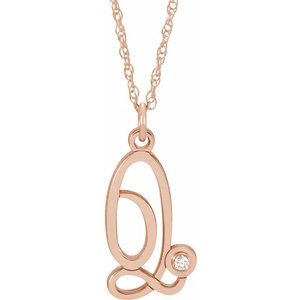 14K Rose Gold-Plated Sterling Silver .02 CT Diamond Script Initial Q 16-18" Necklace - Siddiqui Jewelers