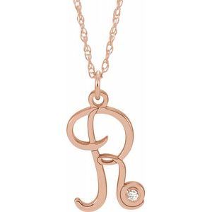 14K Rose Gold-Plated Sterling Silver .02 CT Diamond Script Initial R 16-18" Necklace - Siddiqui Jewelers