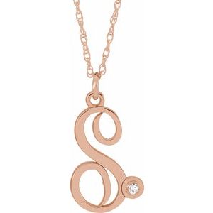 14K Rose Gold-Plated Sterling Silver .02 CT Diamond Script Initial S 16-18" Necklace - Siddiqui Jewelers