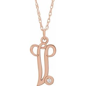 14K Rose Gold-Plated Sterling Silver .02 CT Diamond Script Initial V 16-18" Necklace - Siddiqui Jewelers