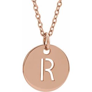 14K Rose Initial R 10 mm Disc 16-18" Necklace-Siddiqui Jewelers