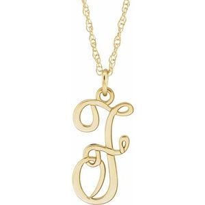 14K Yellow Gold-Plated Sterling Silver Script Initial F 16-18" Necklace - Siddiqui Jewelers