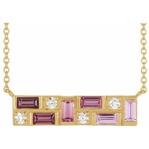 14K Yellow Pink Multi-Gemstone & 1/8 CTW Diamond Bar 18" Necklace - Siddiqui Jewelers