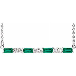 14K White Chatham® Created Emerald & 1/5 CTW Diamond Bar 16-18" Necklace - Siddiqui Jewelers