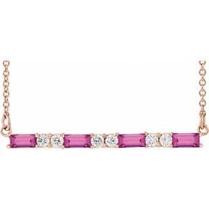 14K Rose Pink Tourmaline & 1/5 CTW Diamond Bar 16-18" Necklace - Siddiqui Jewelers