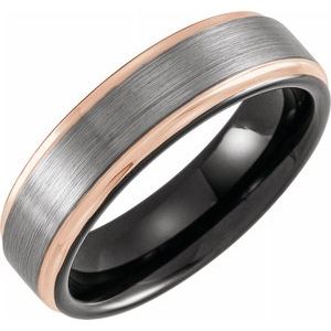 Black & 18K Rose Gold PVD Tungsten 6 mm Grooved Band Size 9 with Satin Finish - Siddiqui Jewelers