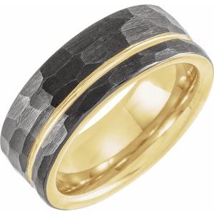 Black & 18K Yellow Gold PVD Tungsten 8 mm Grooved Size 13 Band With Hammer Finish - Siddiqui Jewelers