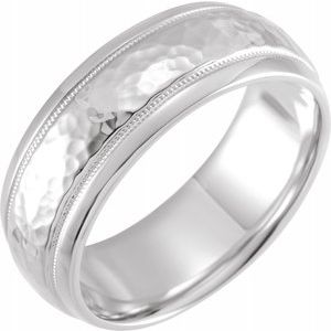 14K White 8 mm Half Round Band with Hammer Finish & Milgrain Size 10 - Siddiqui Jewelers