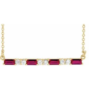 14K Yellow Chatham® Created Ruby & 1/5 CTW Diamond Bar 16-18" Necklace - Siddiqui Jewelers
