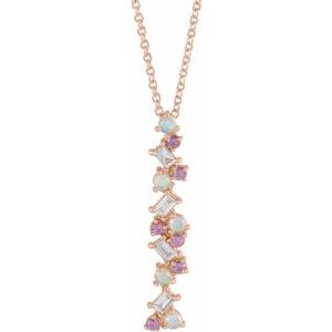 14K Rose Ethiopian Opals, Pink Sapphires & 1/8 CTW Diamond Scattered Bar 16-18" Necklace - Siddiqui Jewelers