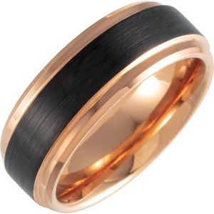 Black & 18K Rose Gold PVD Tungsten 8 mm Beveled-Edge Band Size 11.5 with Satin Finish - Siddiqui Jewelers