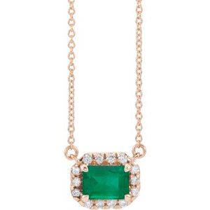 14K Rose 6x4 mm Emerald Chatham® Lab-Created Emerald & 1/5 CTW Diamond 18" Necklace - Siddiqui Jewelers