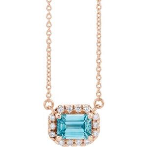 14K Rose 5x3 mm Emerald Blue Zircon & 1/8 CTW Diamond 16" Necklace - Siddiqui Jewelers