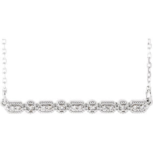 14K White 1/10 CTW Diamond Milgrain Bar 16-18" Necklace - Siddiqui Jewelers