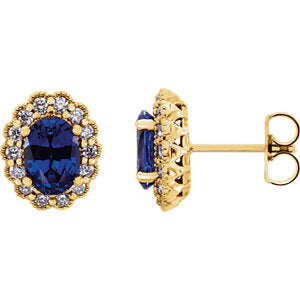 14K Yellow Chatham® Created Blue Sapphire & 1/3 CTW Diamond Earrings - Siddiqui Jewelers