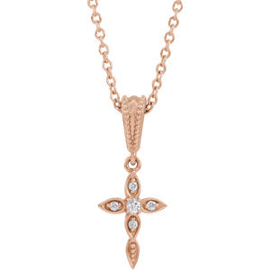 14K Rose .03 CTW Diamond Petite Vintage-Inspired 16-18" Cross Necklace - Siddiqui Jewelers