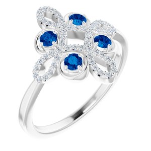 14K White Chatham® Created Blue Sapphire & 1/6 CTW Diamond Clover Ring - Siddiqui Jewelers