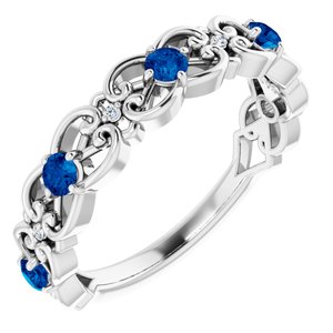 14K White Blue Sapphire & .02 CTW Diamond Vintage-Inspired Scroll Ring - Siddiqui Jewelers