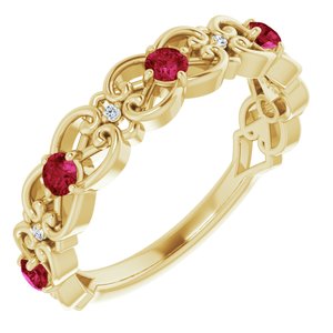 14K Yellow Chatham® Created Ruby & .02 CTW Diamond Vintage-Inspired Scroll Ring - Siddiqui Jewelers