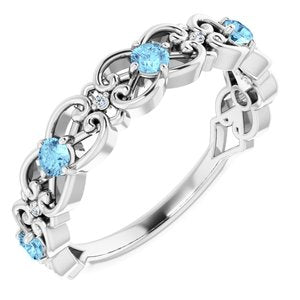 Sterling Silver Aquamarine & .02 CTW Diamond Vintage-Inspired Scroll Ring - Siddiqui Jewelers