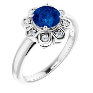 14K White Chatham® Lab-Created Blue Sapphire & 1/8 CTW Diamond Ring - Siddiqui Jewelers