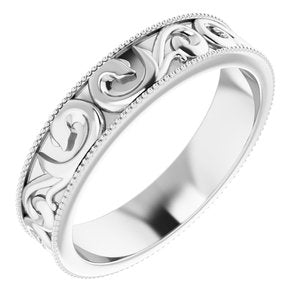 Platinum 5 mm Scroll Band with Milgrain  Size 10 - Siddiqui Jewelers