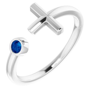 14K White Chatham® Created Blue Sapphire Negative Space Cross Ring - Siddiqui Jewelers