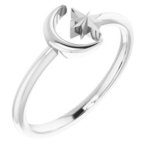 14K White Crescent Moon & Star Negative Space Ring - Siddiqui Jewelers