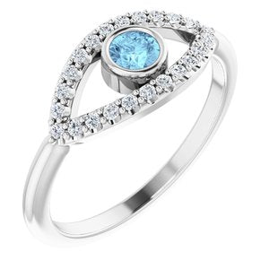 14K White Aquamarine & White Sapphire Evil Eye Ring - Siddiqui Jewelers