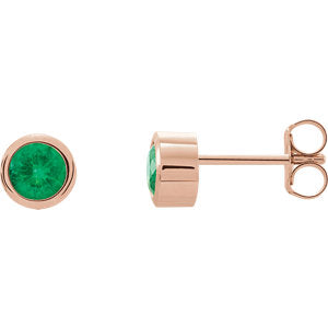 14K Rose 4 mm Round Genuine Emerald Birthstone Earrings - Siddiqui Jewelers
