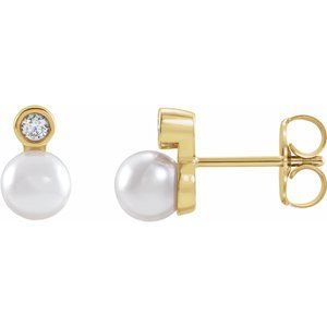 14K Yellow Akoya Cultured Pearl & 1/8 CTW Diamond Bezel-Set Earrings-Siddiqui Jewelers