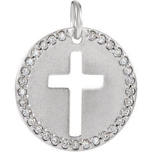 14K White .08 CTW Diamond Pierced Cross Disc Pendant - Siddiqui Jewelers