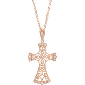 14K Rose 1/10 CTW Diamond Vintage-Inspired Cross Necklace - Siddiqui Jewelers