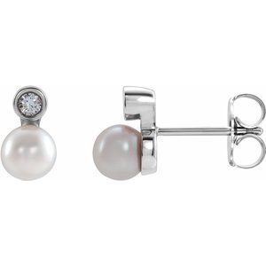 14K White Akoya Cultured Pearl & .03 CTW Diamond Bezel-Set Earrings-Siddiqui Jewelers