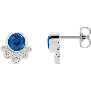 14K White Chatham® Created Blue Sapphire & 1/8 CTW Diamond Earrings - Siddiqui Jewelers