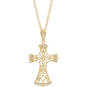 14K Yellow 1/10 CTW Diamond Vintage-Inspired Cross Necklace - Siddiqui Jewelers