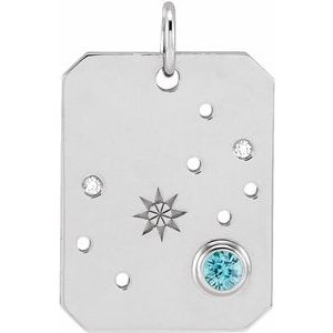 14K White Natural Blue Zircon & .01 Natural Diamond Scorpio Constellation Pendant Siddiqui Jewelers