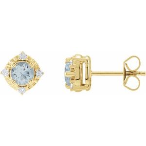 14K Yellow Natural Aquamarine & .08 CTW Natural Diamond Halo-Style Earrings Siddiqui Jewelers