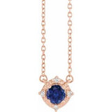 14K Rose Lab-Grown Blue Sapphire & .04 CTW Natural Diamond Halo-Style 18" Necklace Siddiqui Jewelers