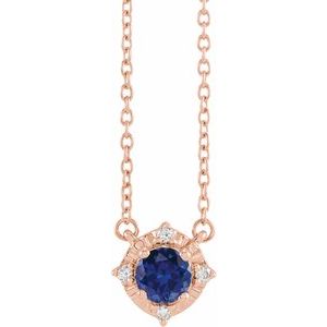14K Rose Lab-Grown Blue Sapphire & .04 CTW Natural Diamond Halo-Style 18" Necklace Siddiqui Jewelers