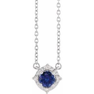 14K White Lab-Grown Blue Sapphire & .04 CTW Natural Diamond Halo-Style 18" Necklace Siddiqui Jewelers