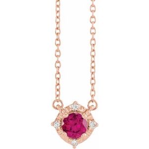 14K Rose Lab-Grown Ruby & .04 CTW Natural Diamond Halo-Style 18" Necklace Siddiqui Jewelers